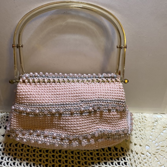 Handmade repurposed crocheted and beaded handbag with acrylic handles - Picture 10 of 10